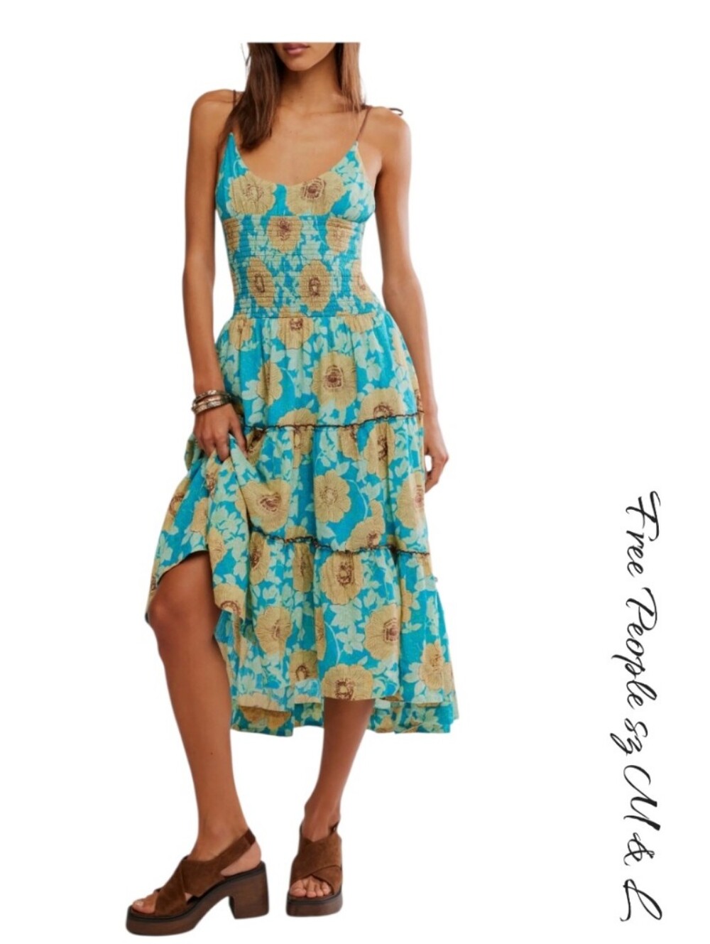 Free People Adriel Tie Strap Tiered Midi Dress Floral Blue Sz M & L NWT